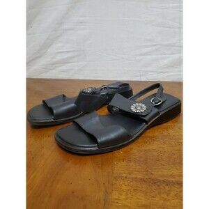 Glacee Sandals Black Leather With Flower Buckle Slingback Flat Casual Shoes Sz 9